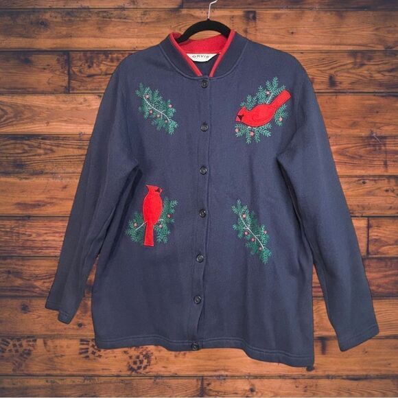 5 for $25🔥Vtg. Orvis Navy Button Front Cardinal Embroidered Jacket Medium - Picture 1 of 5